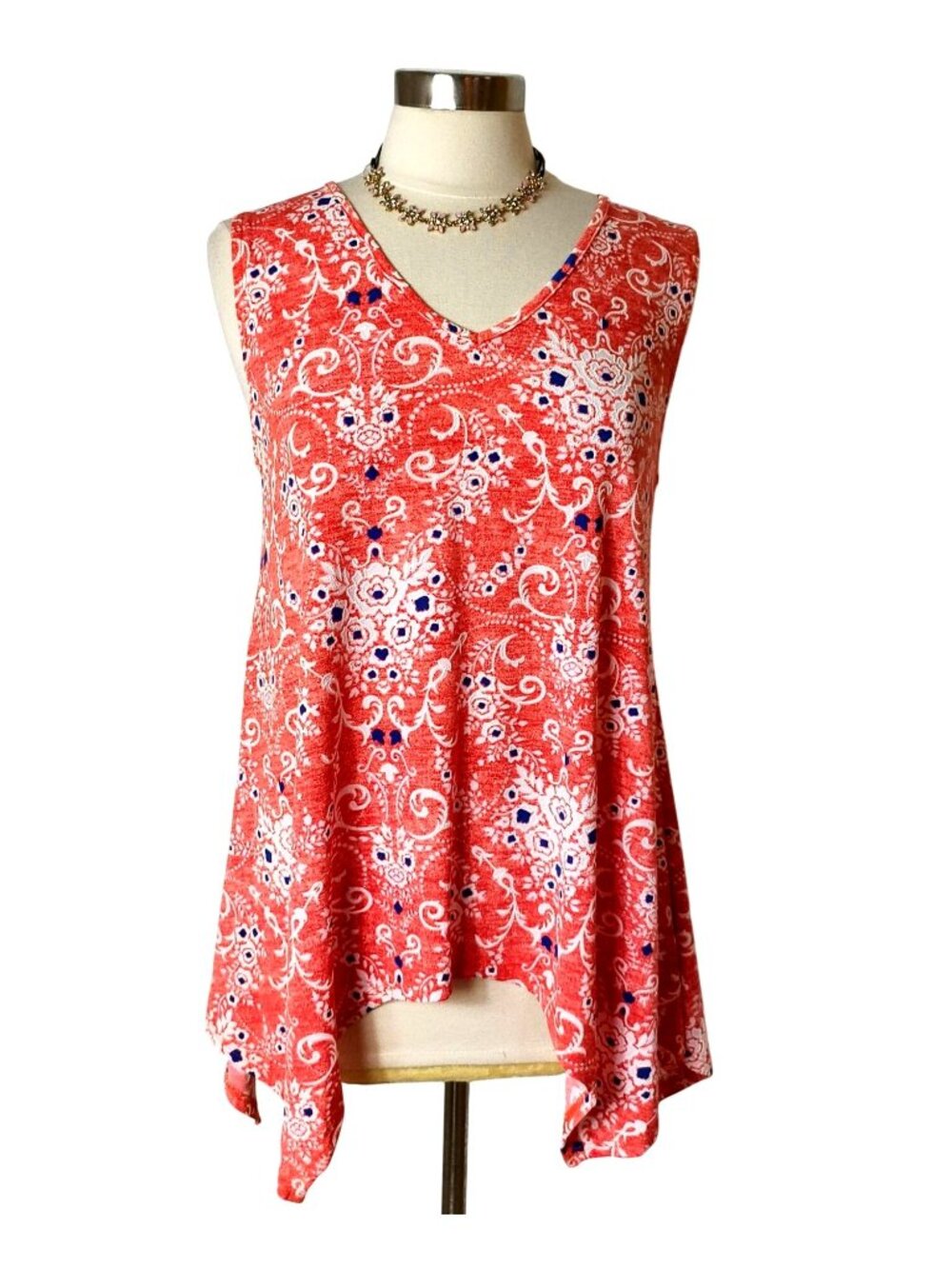 SJS Womens L Tunic Sleeveless Boho Print Asymmetrical Textured Flowy Festive